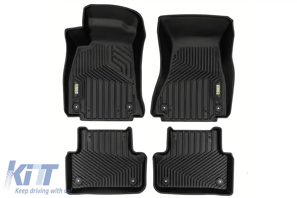 Mochete din cauciuc și covor 2 în 1 potrivite pentru Audi A4 B9 2015-2023, A5 Sportback F5 2016-2024 din seria Frogum 5D Race Rock, set de 4 piese, culoare neagră