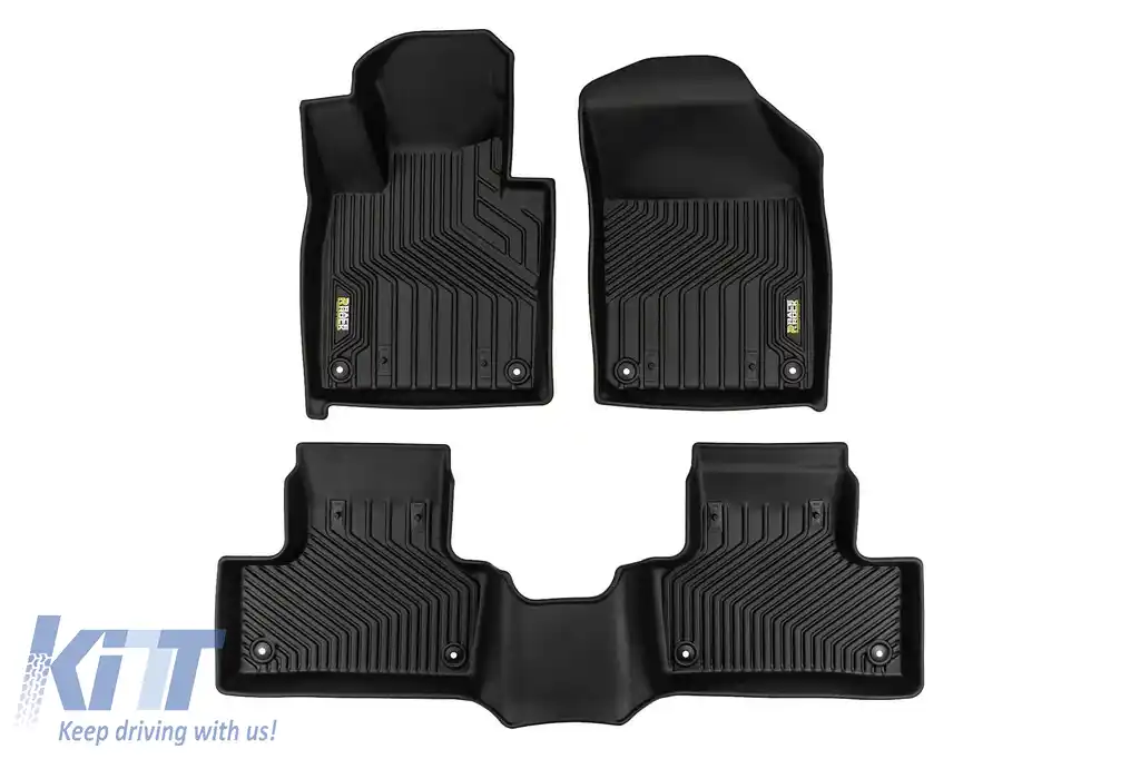 Mochete din cauciuc și covor 2 în 1 potrivite pentru Volvo XC60 după 2017 din seria Frogum 5D Race Rock, set de 3 piese, culoare neagră