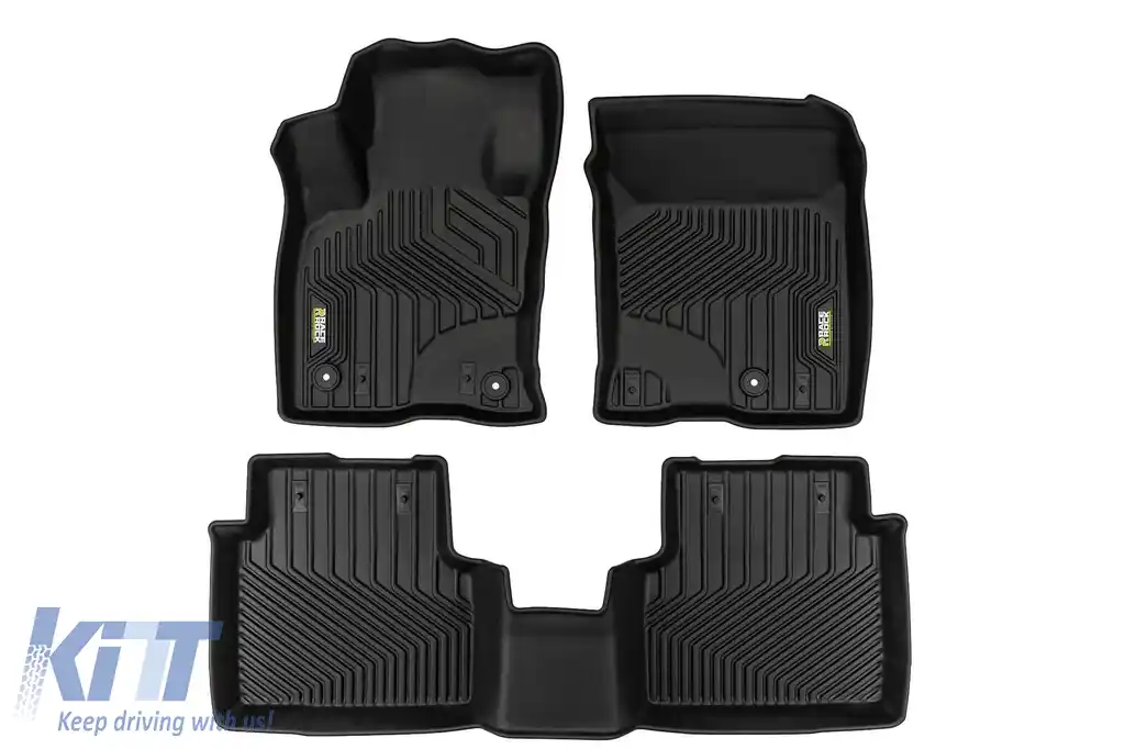 Mochete din cauciuc și covor 2 în 1 potrivite pentru Ford Kuga după 2019 din seria Frogum 5D Race Rock, set de 3 piese, culoare neagră
