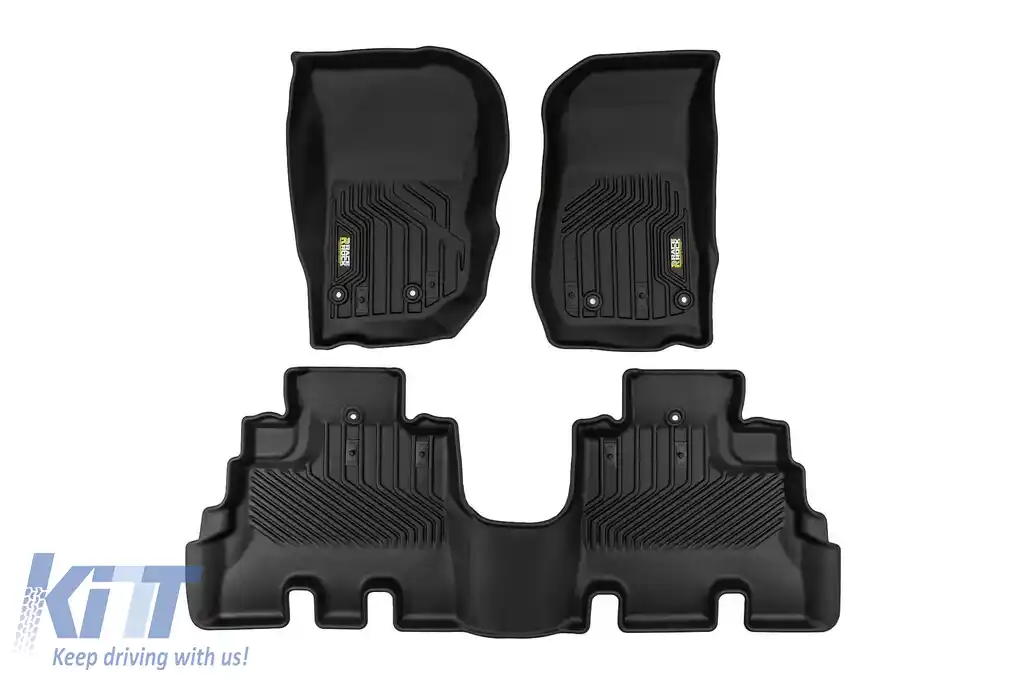 Mochete din cauciuc și covor 2 în 1 potrivite pentru Jeep Wrangler 2006-2018 cu 4 uși, set de 3 piese, culoare neagră din seria Frogum 5D Race Rock