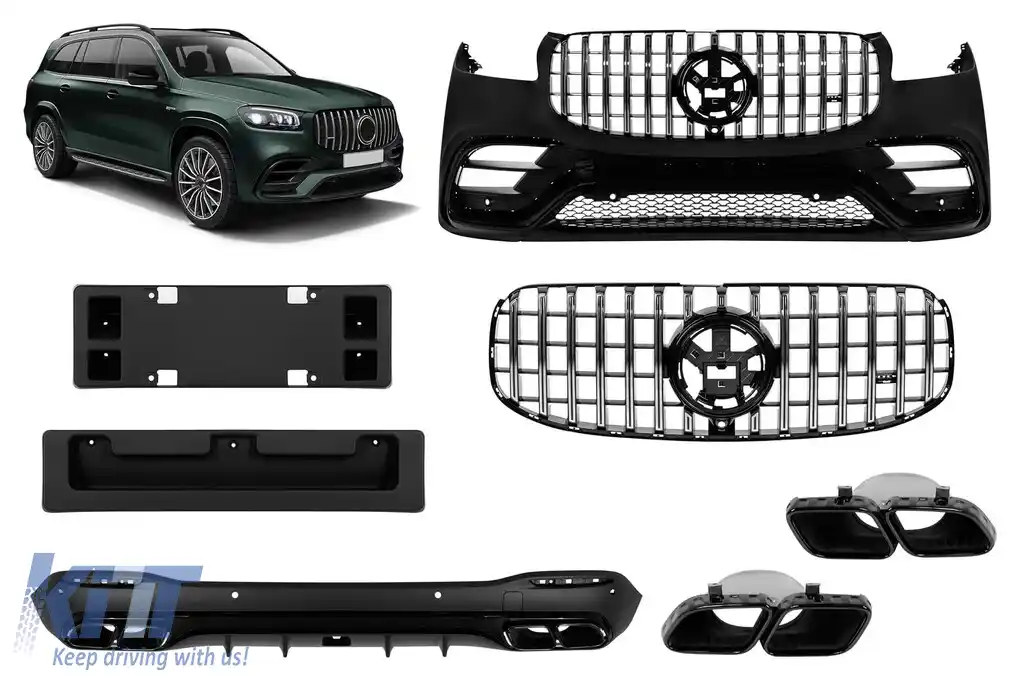 Pachet de tuning cu elemente negre și grilă crom/neagră potrivit pentru Mercedes GLS X167 2020-2023 pentru modelul echipat cu bara spate A Design line