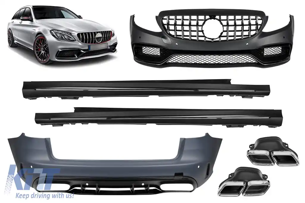 image-53-Pachet de tuning design A potrivit pentru Mercedes C-Class S205 break 2013-2018 cu grilă GT crom/negru și capete cromate