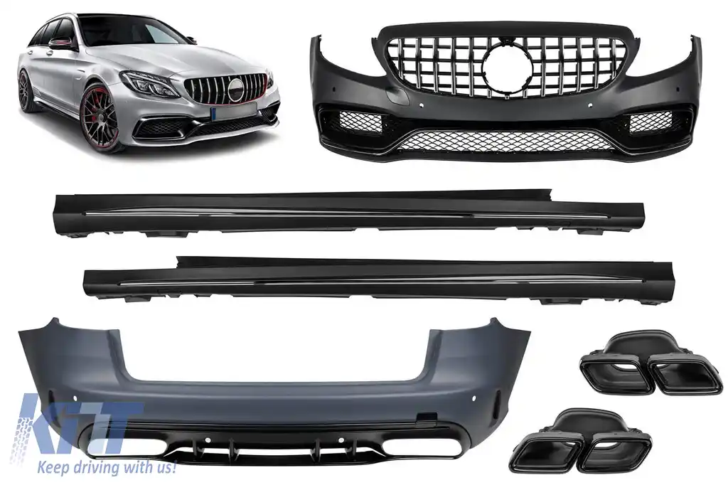 Pachet de tuning design A potrivit pentru Mercedes C-Class S205 2013-2018 cu grilă GT crom/neagră și terminații de evacuare negre