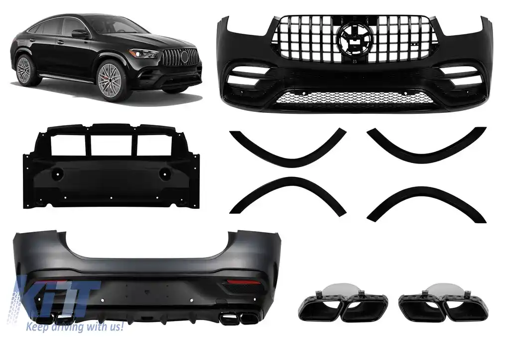 Pachet de tuning potrivit pentru Mercedes GLE Coupe C167 după 2019 cu garnituri negre, grilă neagră și terminații de eșapament negre