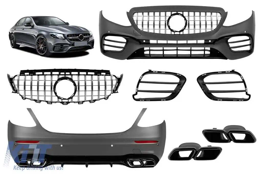image-55-Pachet de tuning tip 63 A design cu grilă GT crom/neagră potrivit pentru Mercedes E-Class W213 2016-2019 cu garnituri negre