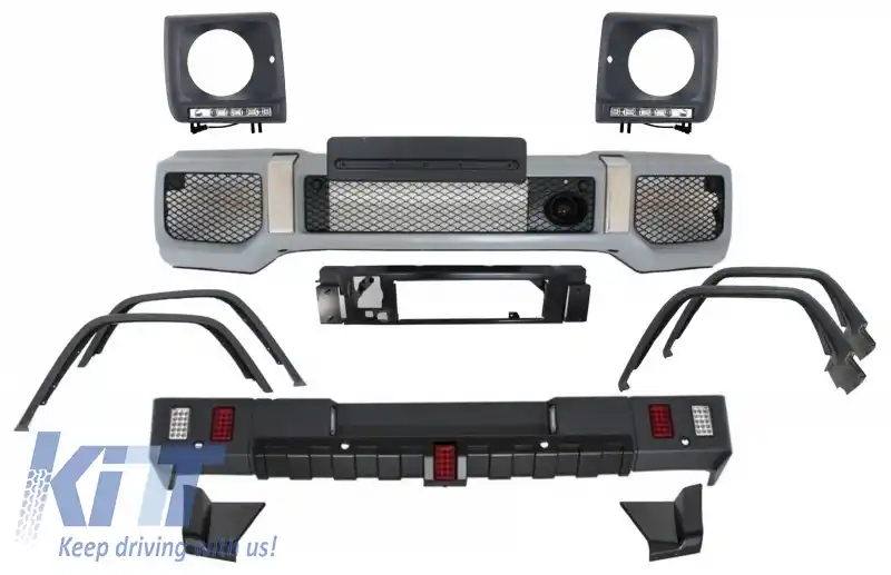 Pachet Exterior compatibil cu Mercedes G-Class W463 (1989-2018) G63 G65 Design cu Prelungiri Aripi Extensii si Carcasa faruri cu Lumini de zi dedicate LED DRL