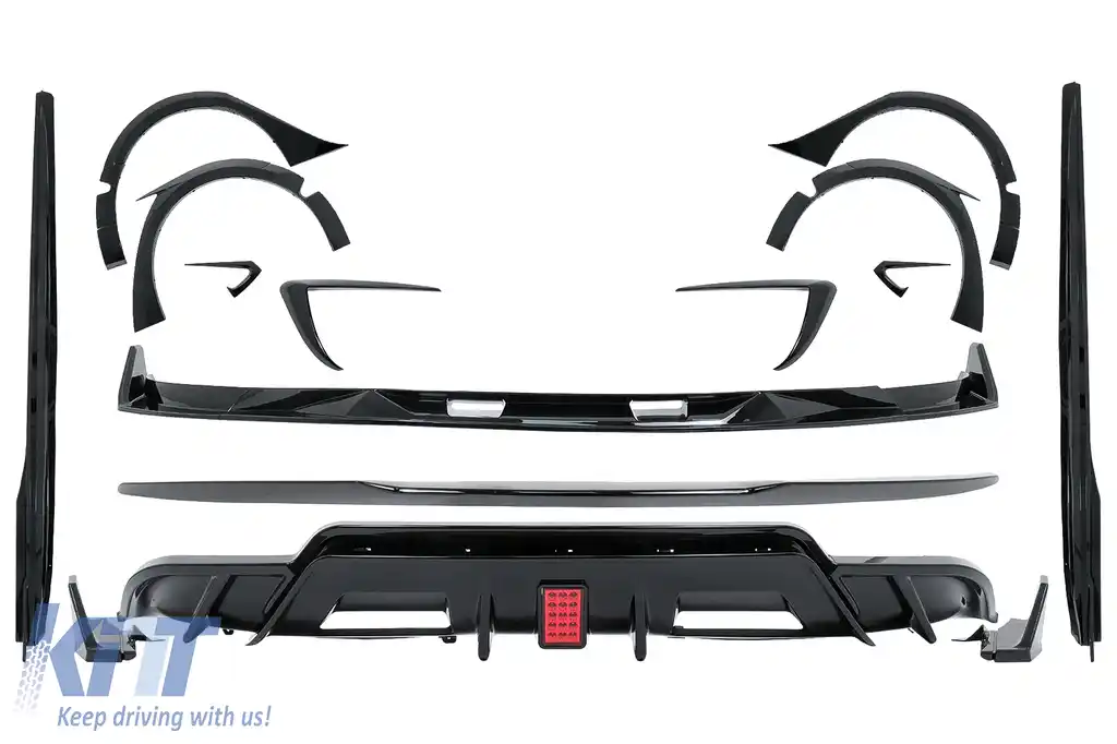 Pachet Exterior Complet de Extensii compatibil cu Tesla Model 3 (2017-2022) Prelungire Bara Fata cu Difuzor de aer si Eleron Negru Lucios