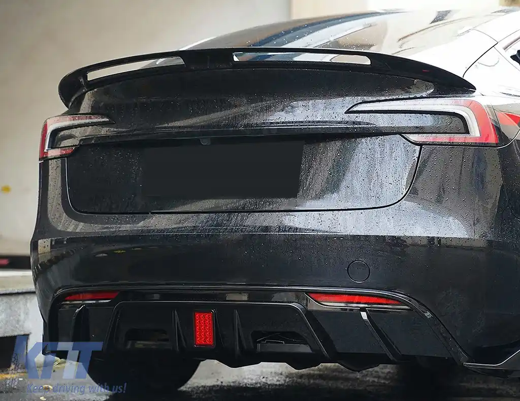 Pachet Exterior Complet de Extensii compatibil cu Tesla Model 3 (2023-up) Prelungire Bara Fata cu Difuzor de aer si Eleron Negru Lucios-image-6111103