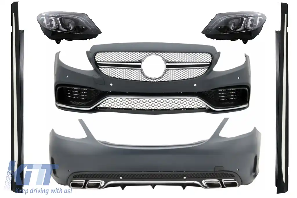 Pachet Exterior Complet si Faruri Full LED compatibil cu Mercedes Clasa C W205 Sedan (2014-2018) C63 Design
