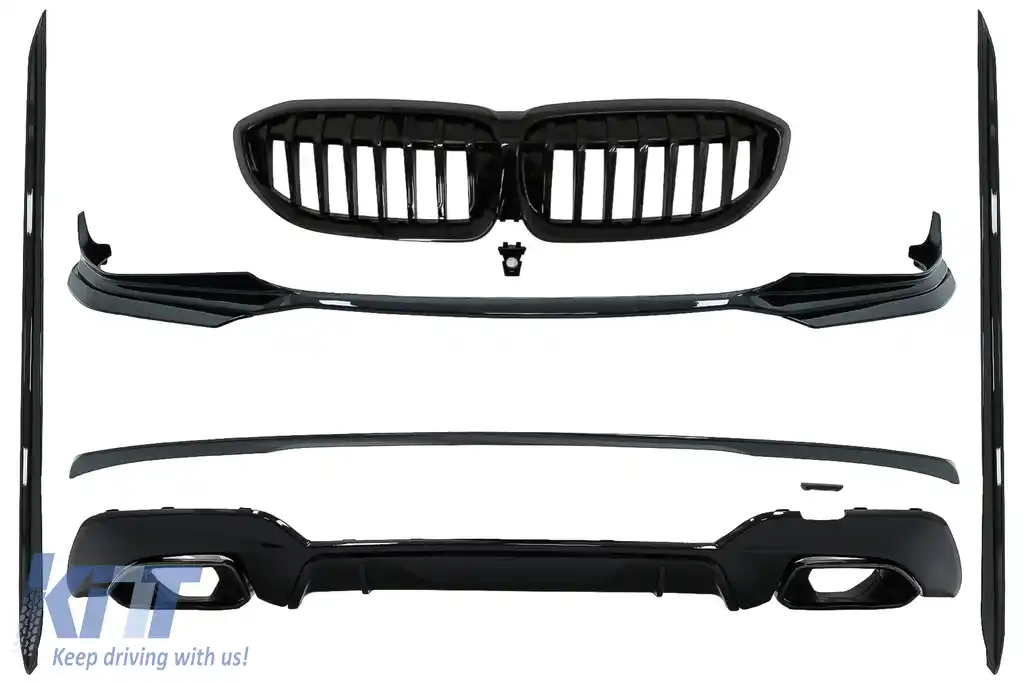 Pachet Exterior Extensii compatibil cu BMW Seria 3 G20 Sedan (2018-2022) cu Difuzor de aer si Ornamente evacuare M340i Design Negru Lucios