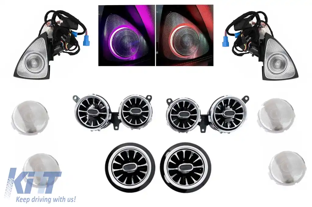 Pachet Grile de aerisire Ornament Difuzor Tweeter LED rotativ 3D cu 64 culori compatibil cu Mercedes E-Class W213 S213 (2016-2019)