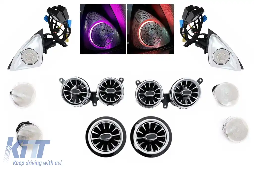 Pachet Grile de aerisire Ornament Difuzor Tweeter LED rotativ cu 64 culori compatibil cu Mercedes E-Class W213 S213 (2016-2019)