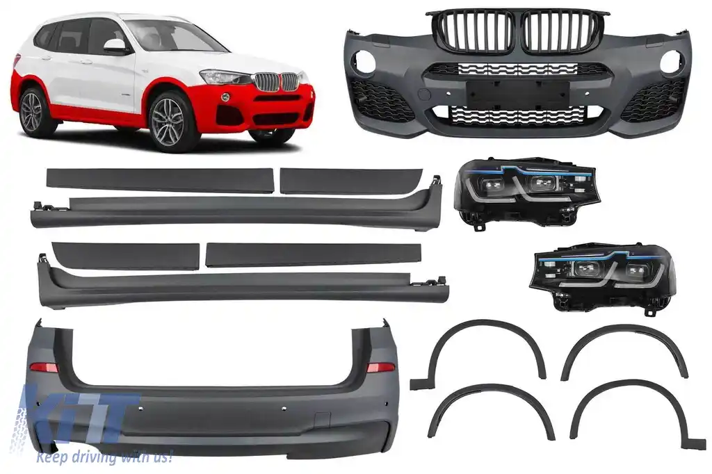 Pachet M tech potrivit pentru BMW X3 F25 2014-2017 cu deschidere unică pentru țeavă de eșapament dublă --oo----- și faruri LED