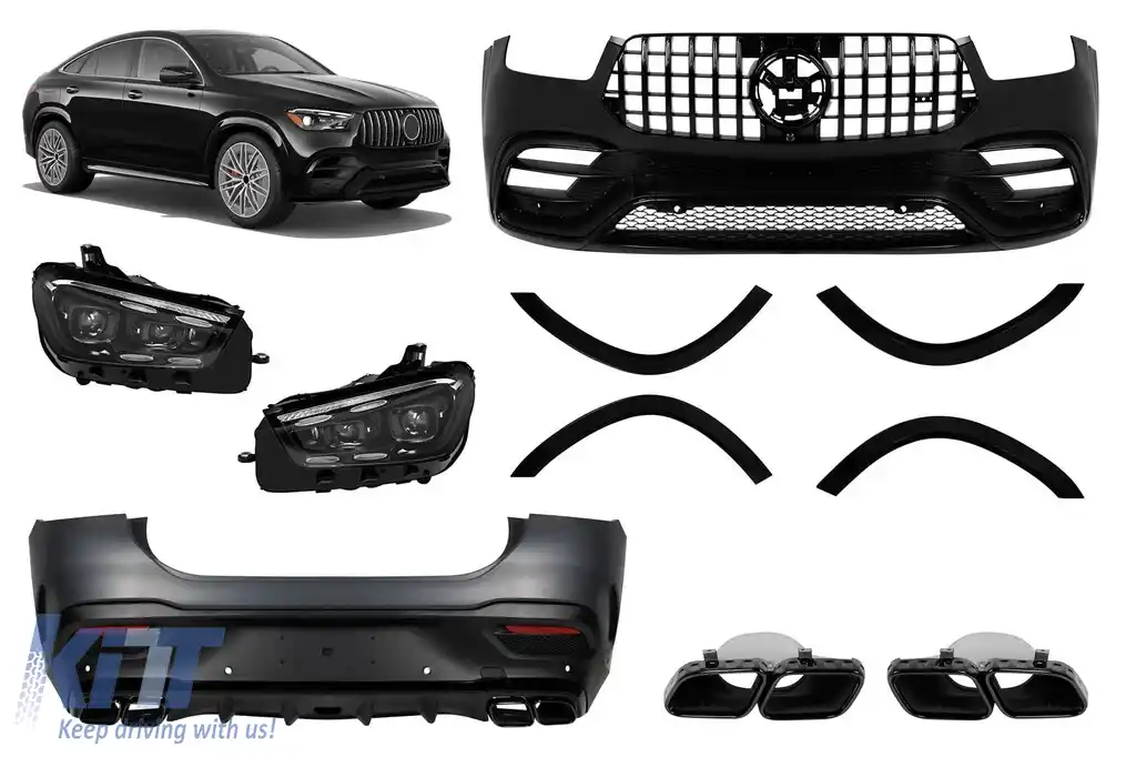 Pachetul de design GLE63 A potrivit pentru Mercedes GLE Coupe C167 2020-2023 cu garnitură neagră, grilă neagră, țevi de eșapament negre și faruri LED