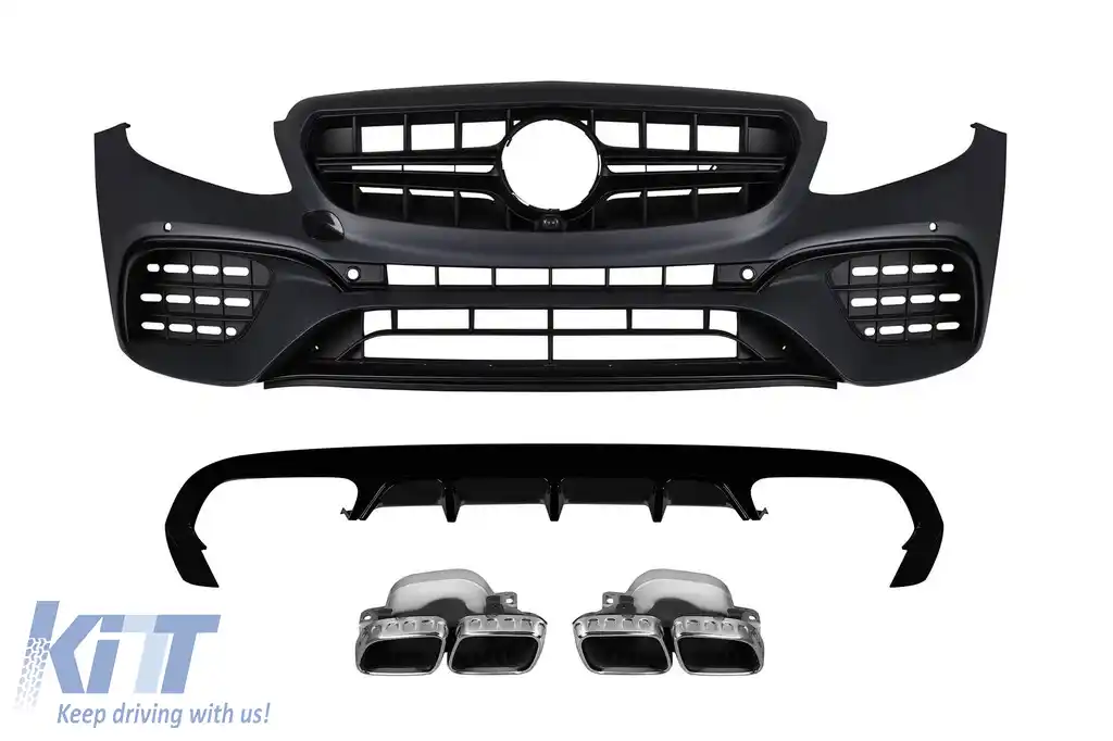 Pachetul de design tip E63 potrivit pentru Mercedes E-Class C238 coupe, A238 cabrio 2017-2019 cu capete cromate, pentru modelul cu bara de protecție spate A Design