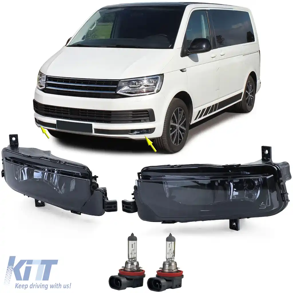 Pereche de faruri de ceață cu sticlă clară și fum negru, potrivite pentru VW T6 Bus Transporter din 15