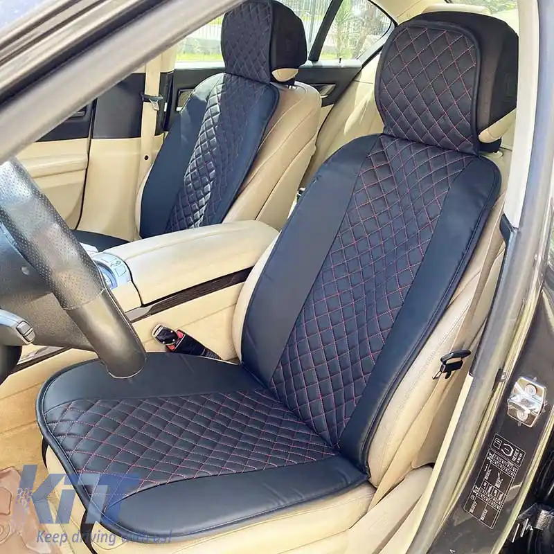 Pernele frontale pentru scaune PU Elegance Negru cu Cusătură Roșie 2 Bucăți-image-6303901