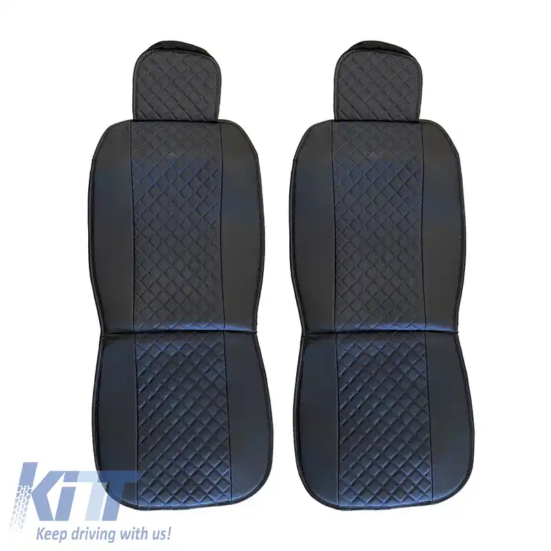 Pernele frontale pentru scaune PU Elegance Negru cu Cusătură Albastră 2 Bucăți-image-6303903