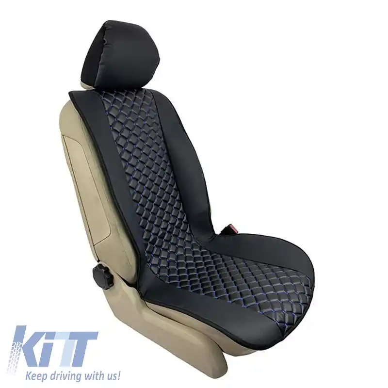 Pernele frontale pentru scaune PU Royal Black cu cusătură albastră, 2 bucăți-image-6292589