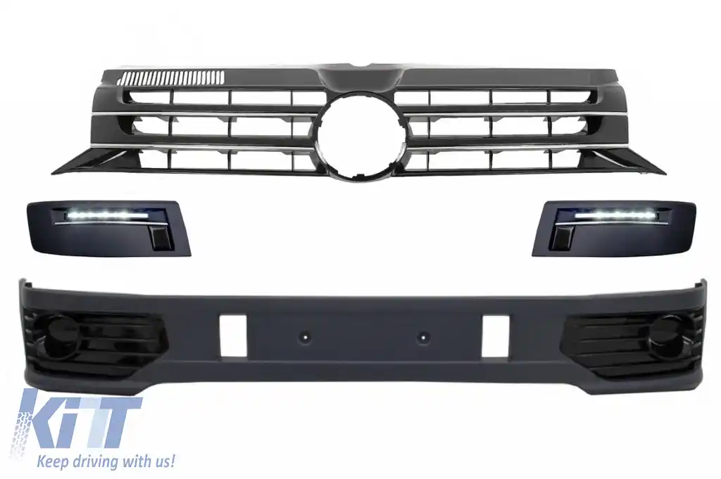 Prelungire Bara Fata cu Grila Centrala fara emblema si Lumini de zi LED DRL compatibil cu VW Transporter Multivan Caravelle T5 T5.1 Facelift (2010-2015) Sportline