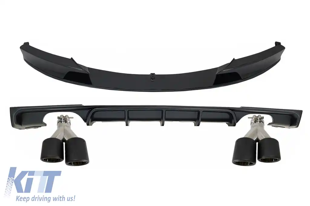 Prelungire Bara Fata Negru Lucios cu Difuzor Bara Evacuare Dubla Spate si Tobe Ornamente Carbon compatibil cu BMW Seria 3 F30 F31 (2011-up) M Performance Design