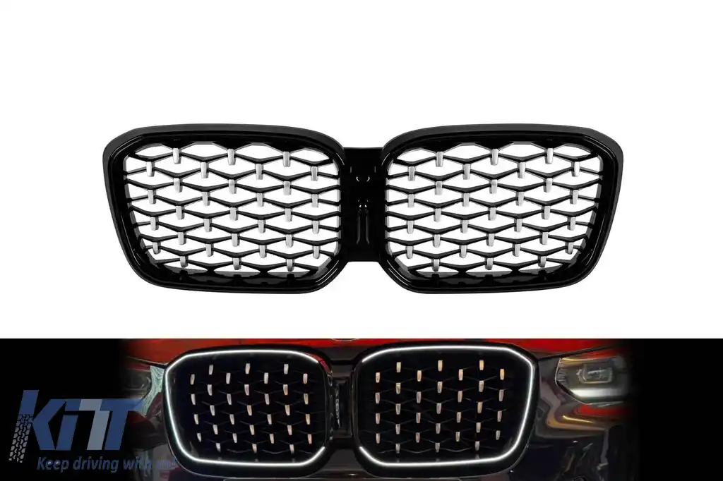 Rădăcini iluminate de tip Iconic Glow tip diamant, potrivite pentru BMW X3 G01, X4 G02 2022-2024, crom/negru