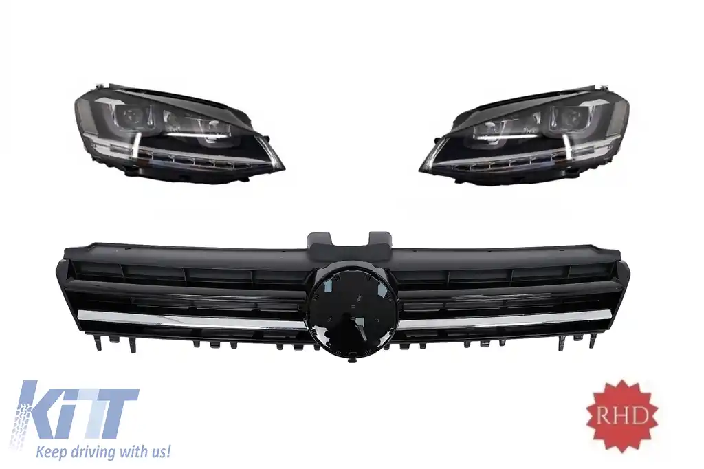 RHD Faruri 3D LED cu Grila Centrala compatibil cu Volkswagen Golf 7 VII (5G) (2012-2017) Rline Design Crom
