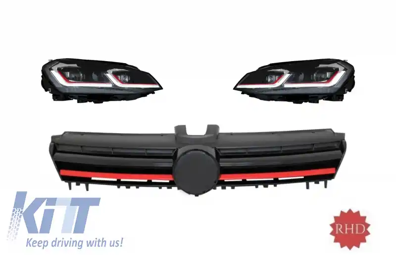 RHD Faruri LED cu Grila compatibil cu VW Golf 7 VII (2013-2017) R Design Rosu