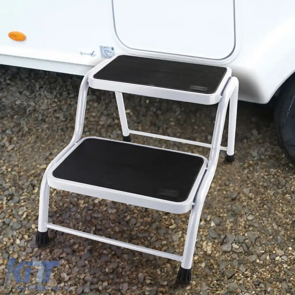 Scară dublă pentru caravană cu 2 trepte, platformă de până la 150kg, albă