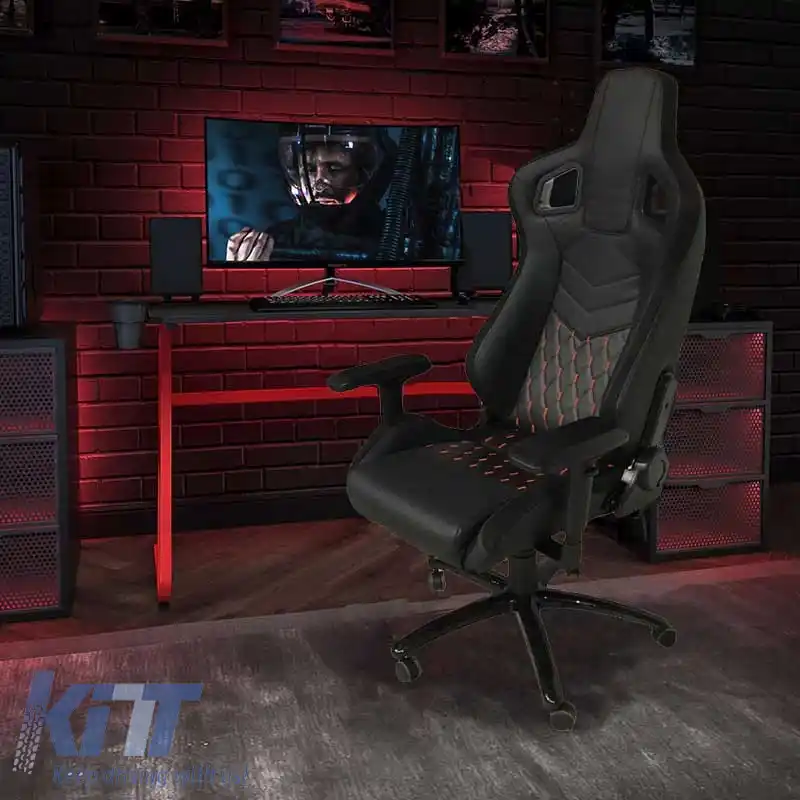 Scaun de curse Bucket RS Gaming PVC - Suede Negru/Roșu Cusătură Încrucișată Carner 2039-image-6295414