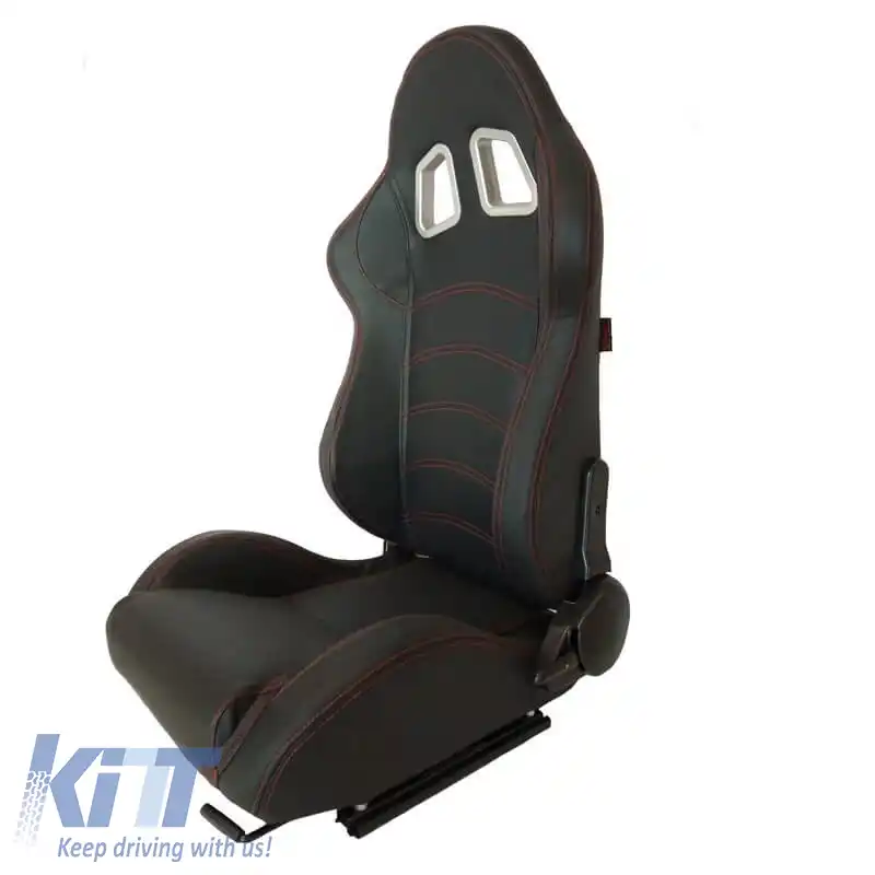 Scaune Bucket Apollo Sport PVC Negru Cu Cusături Roșii Pachet 2 Buc-image-6293530