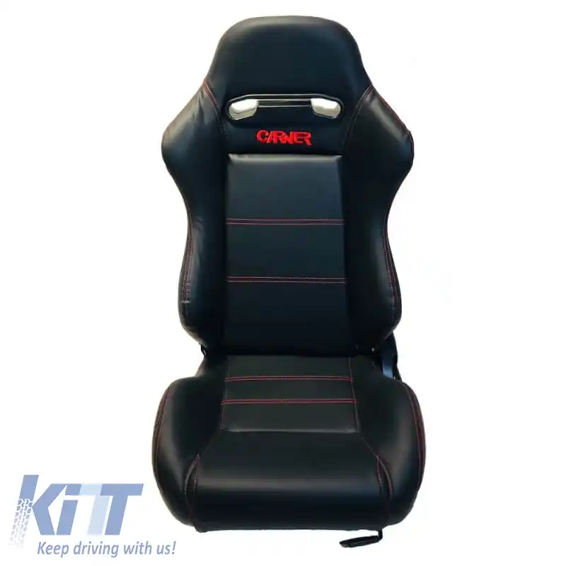 Scaune Bucket Zeus PVC Negru cu Cusături Roșii și Logo Carner, Pereche 2 Buc.-image-6293672