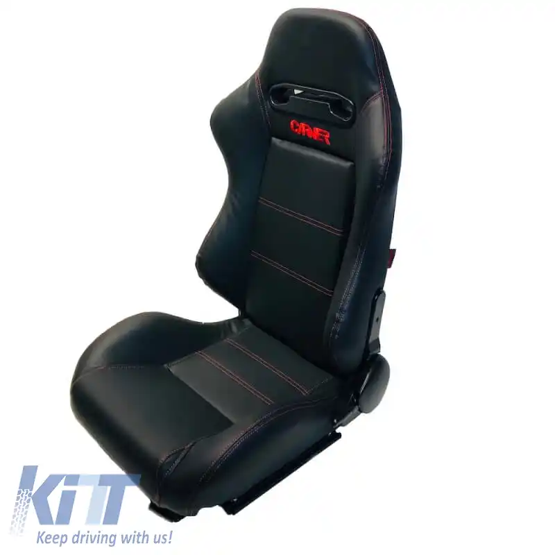 Scaune Bucket Zeus PVC Negru cu Cusături Roșii și Logo Carner, Pereche 2 Buc.-image-6293673