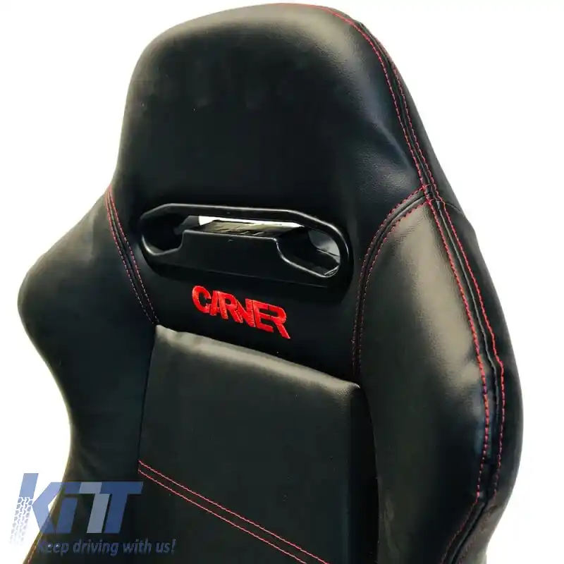 Scaune Bucket Zeus PVC Negru cu Cusături Roșii și Logo Carner, Pereche 2 Buc.-image-6293674