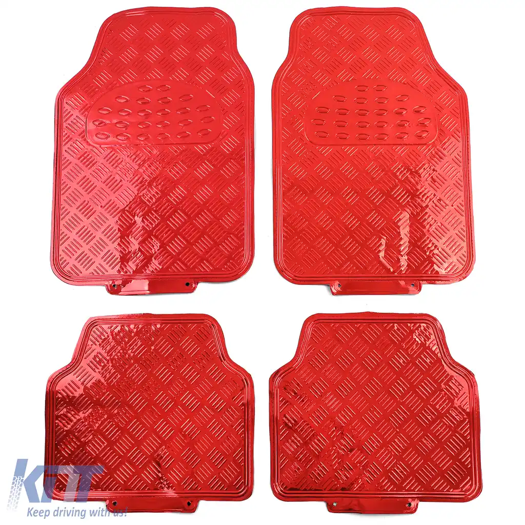 Set covorase din cauciuc pentru mașină 4 piese Aspect placă de aluminiu cu carouri Universal Cromat Roșu-image-6190956