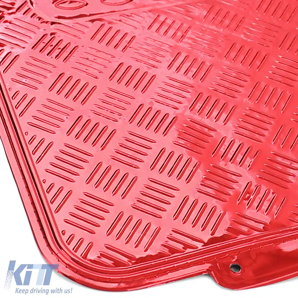Set covorase din cauciuc pentru mașină 4 piese Aspect placă de aluminiu cu carouri Universal Cromat Roșu-image-6190957