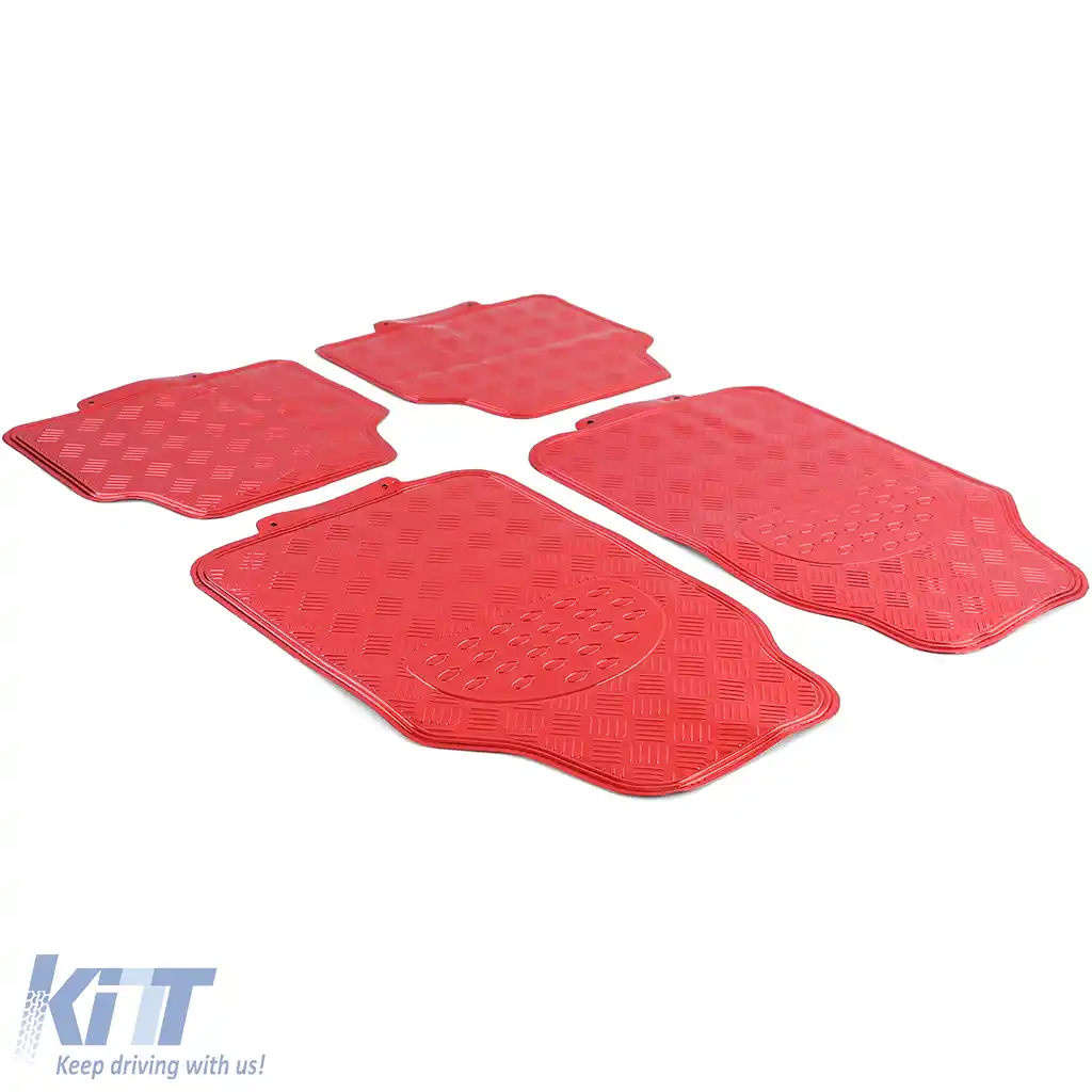 Set covorase din cauciuc pentru mașină 4 piese Aspect placă de aluminiu cu carouri Universal Cromat Roșu-image-6190959