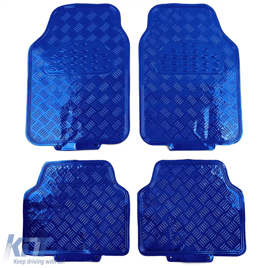Set covorase din cauciuc pentru mașină 4 bucăți Aspect tablă cu carouri din aluminiu Universal Cromat Albastru-image-6190948