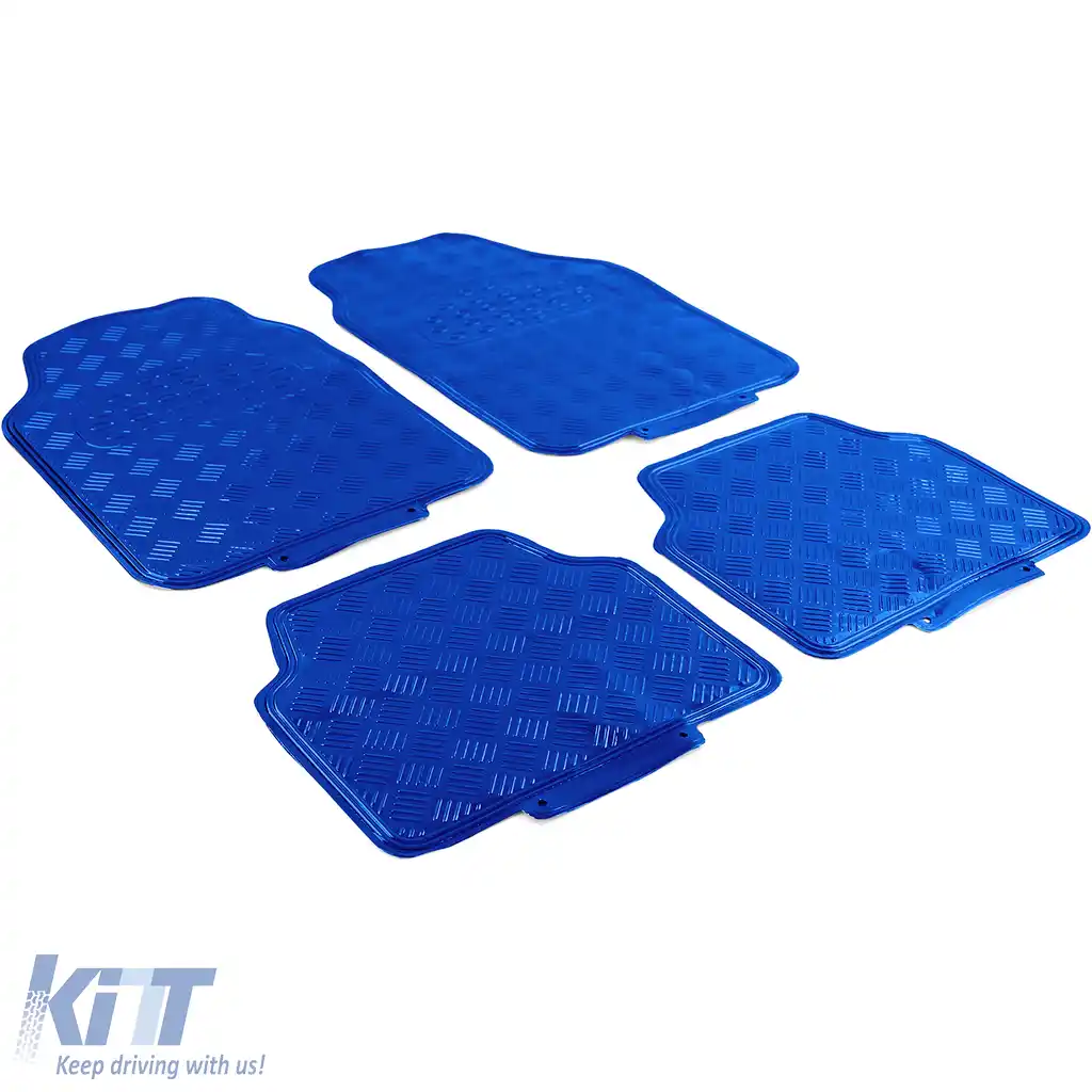 Set covorase din cauciuc pentru mașină 4 bucăți Aspect tablă cu carouri din aluminiu Universal Cromat Albastru-image-6190949
