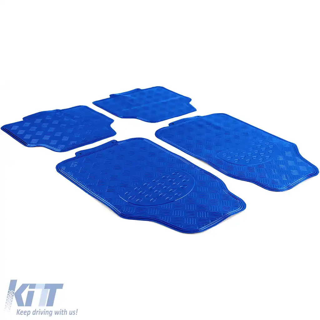 Set covorase din cauciuc pentru mașină 4 bucăți Aspect tablă cu carouri din aluminiu Universal Cromat Albastru-image-6190952