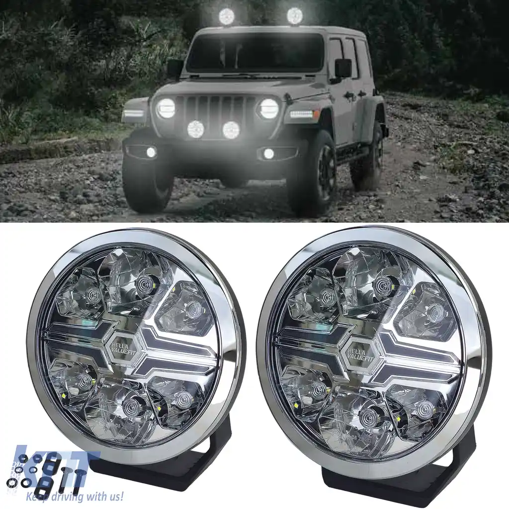 Set de 2 piese HELLA VALUEFIT Faruri auxiliare cu LED-uri pentru faza lungă, cu lamă cromată, rotunde de 7˝, legale