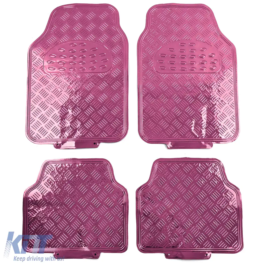 Set de covorașe din cauciuc pentru mașină 4 bucăți Aspect de tablă cu carouri din aluminiu Universal Crom Roz-image-6190482