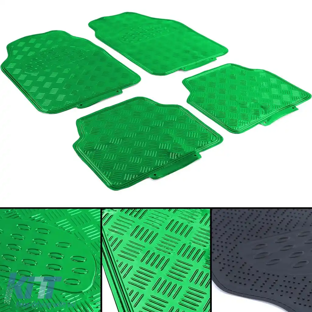 Set de covorașe din cauciuc pentru mașină 4 bucăți Aspect placă de aluminiu cu carouri Universal Cromat Verde