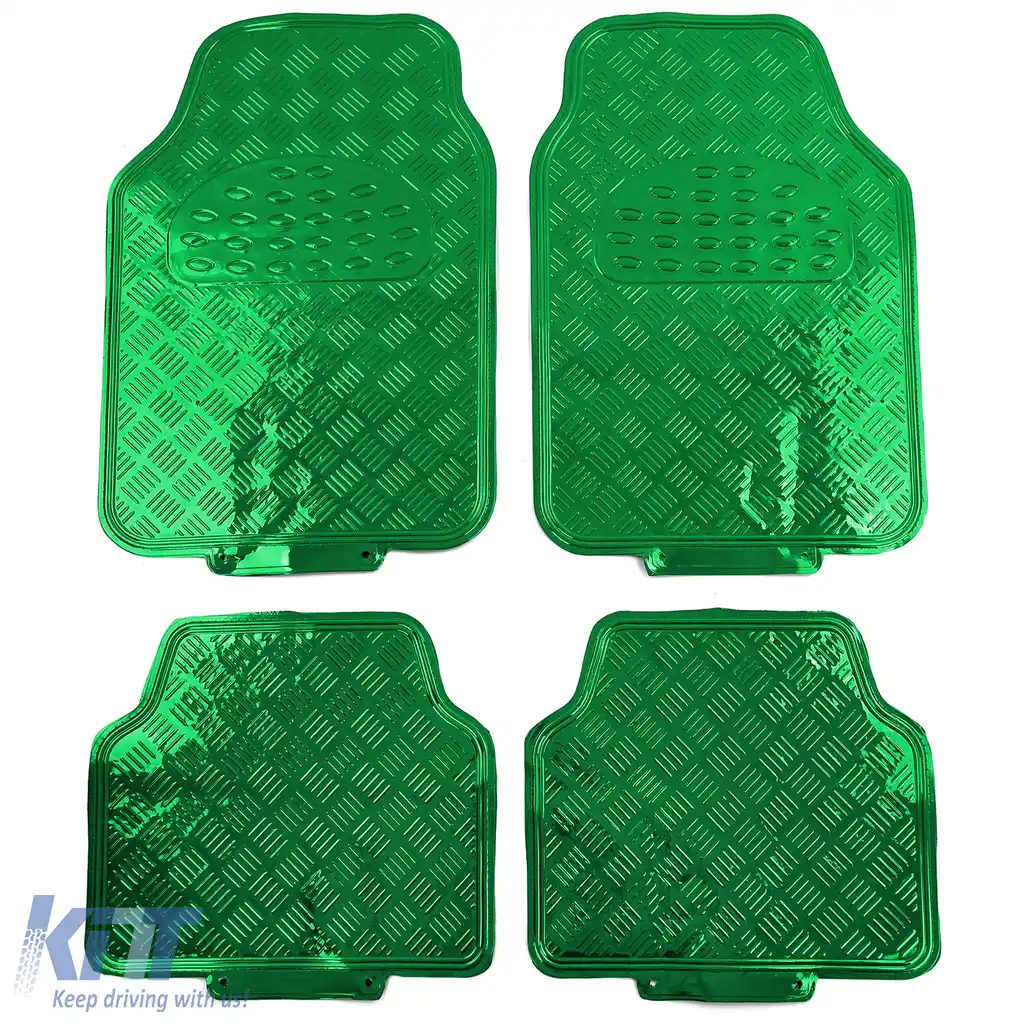 Set de covorașe din cauciuc pentru mașină 4 bucăți Aspect placă de aluminiu cu carouri Universal Cromat Verde-image-6190590