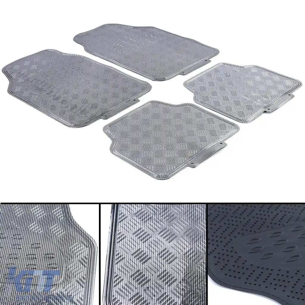 Set de covorașe din cauciuc pentru mașină 4 bucăți Aspect tablă cu carouri din aluminiu Universal Crom Carbon
