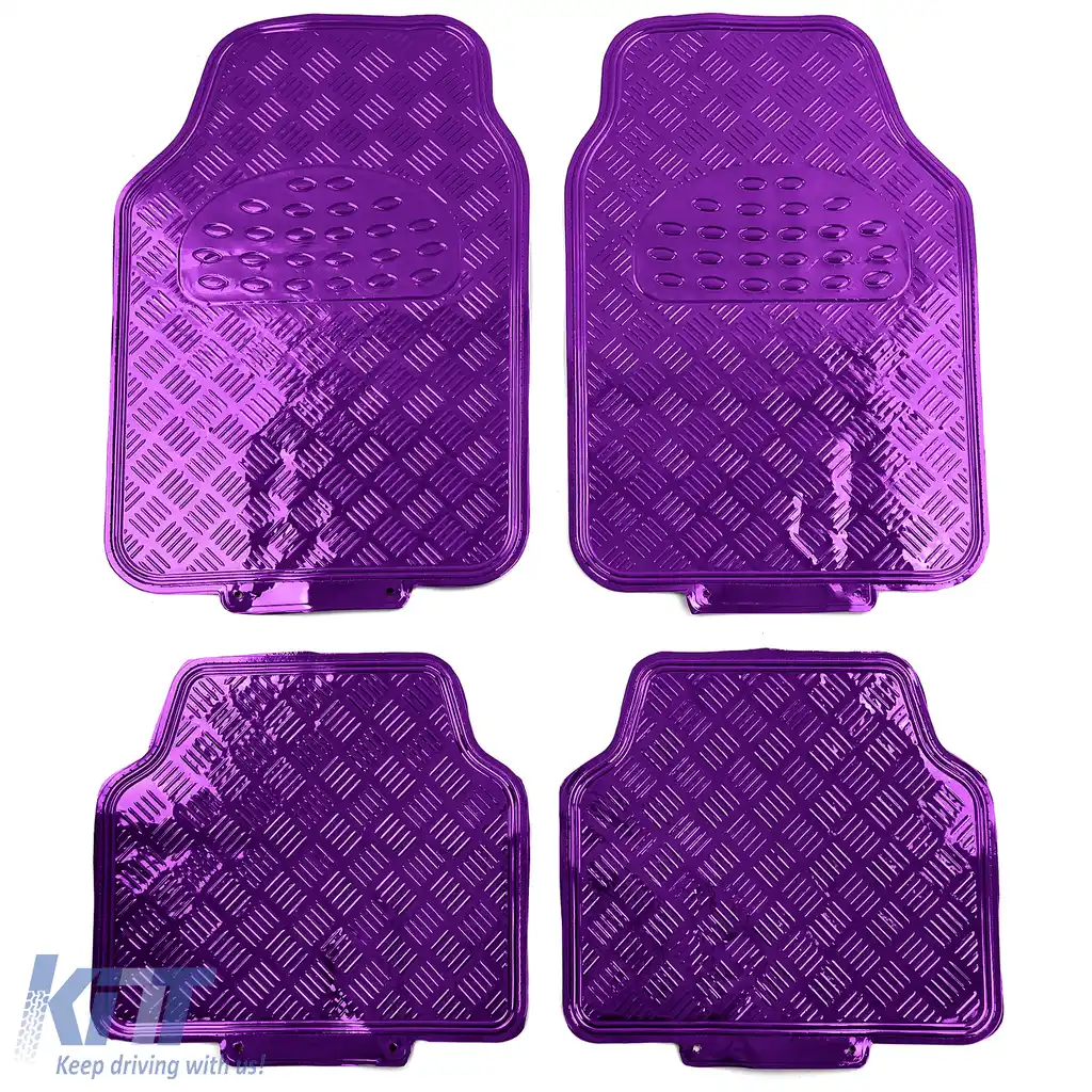Set de covorașe din cauciuc pentru mașină 4 bucăți Aspect placă de aluminiu cu carouri Universal Crom Violet-image-6195654