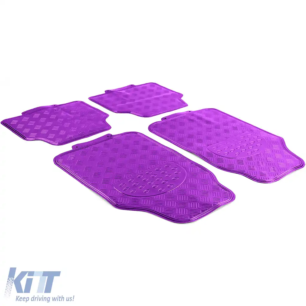 Set de covorașe din cauciuc pentru mașină 4 bucăți Aspect placă de aluminiu cu carouri Universal Crom Violet-image-6195657