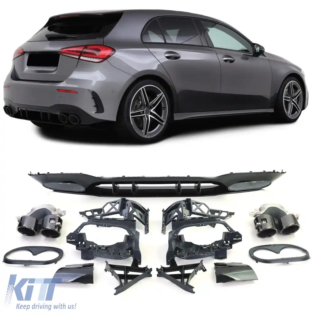 Set de difuzor sport spate cu tevi de eșapament negre, potrivit pentru Mercedes A-Class W177 din 18