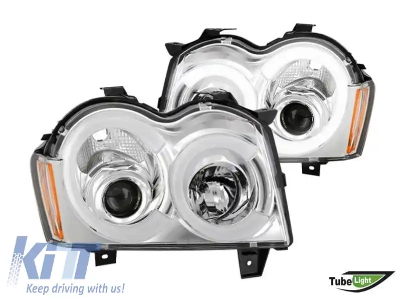 Set de faruri de tuning cu lumini LED potrivit pentru Jeep Grand Cherokee 2005-2008 cu bază cromată, stânga și dreapta