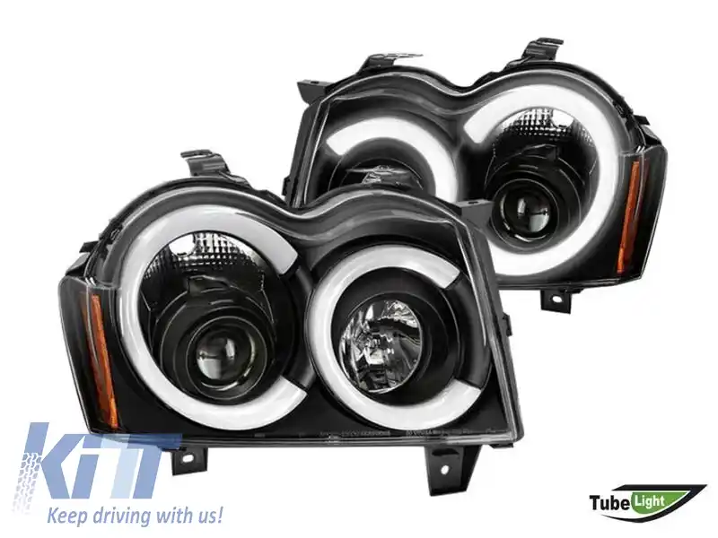 Set de faruri de tuning cu lumini LED potrivit pentru Jeep Grand Cherokee 2005-2008 cu bază neagră, stânga și dreapta